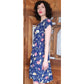 Vintage 40s Rayon Print Midi Dress Dark Blue Floral w/Belt & Diagonal Peplum