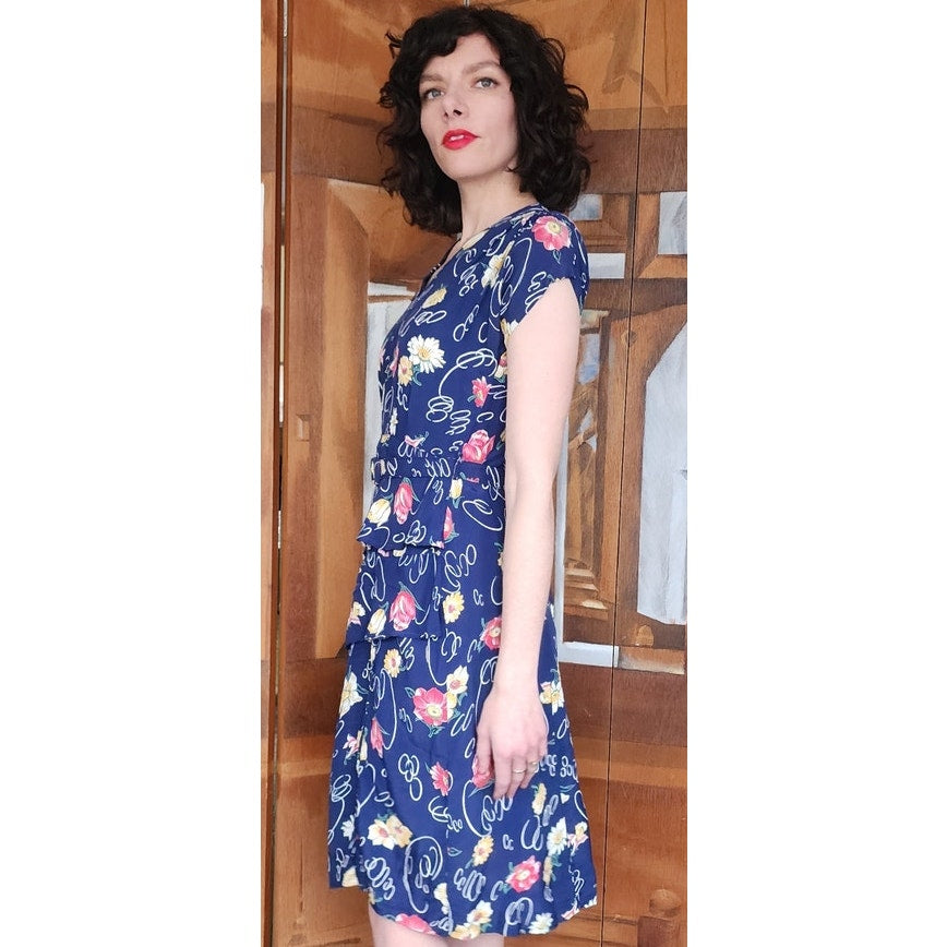 Vintage 40s Rayon Print Midi Dress Dark Blue Floral w/Belt & Diagonal Peplum