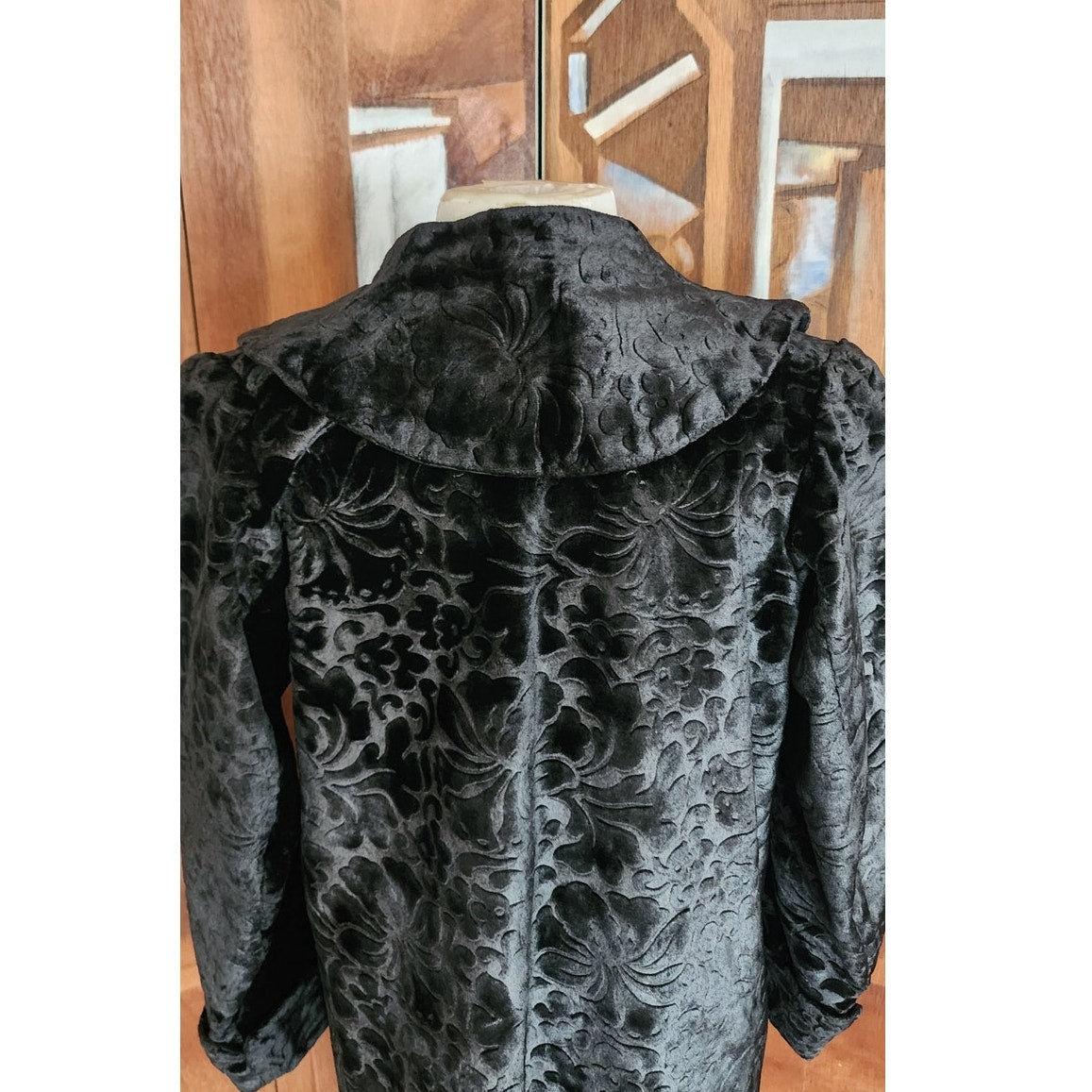 Antique 1910s 20s Edwardian Art Deco Black Textured Silk Velvet Opera Coat Frock Jacket with Silk Chord Knot Closure