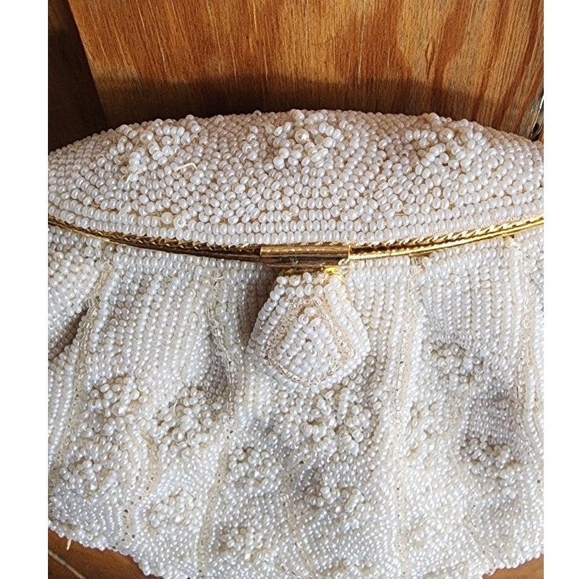 Vintage 50s Evening Bag White Beads Walborg