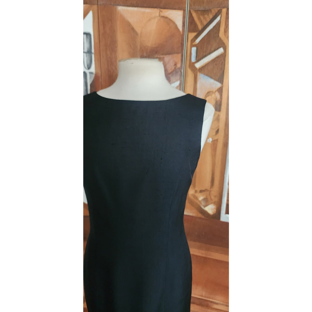 Vintage 1990s Minimalist Dress Black Raw Silk Sleeveless Shift Midi Small