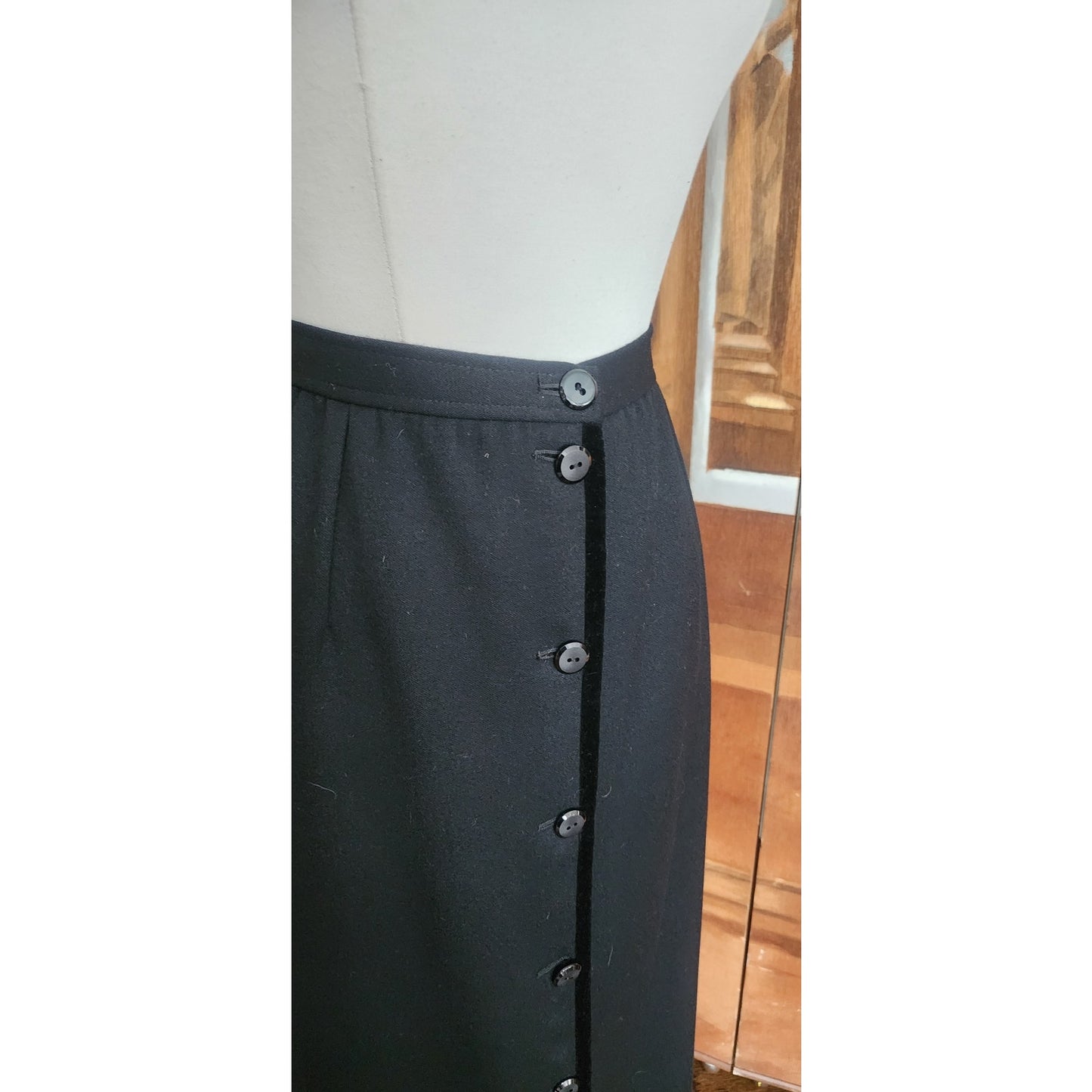Vintage 1980s VALENTINO Pencil Skirt Black Wool Button Down Midi Medium