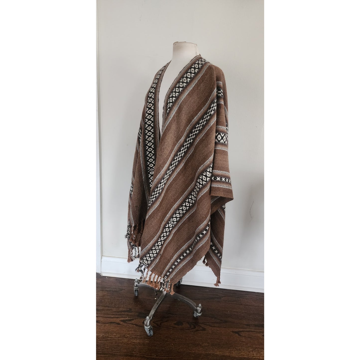 Vintage Fotrama Poncho Alpaca Wool Brown Cream Striped w/Fringe Handmade Ruana Bolivia