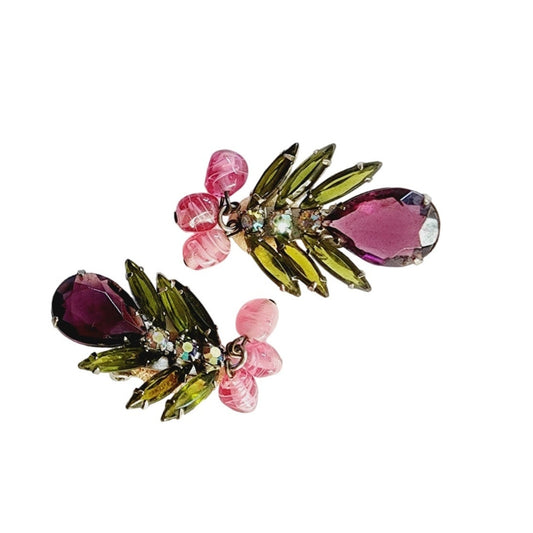 Vintage 60s Earrings Unsigned Juliana Purple Green Crystal Clip-Ons