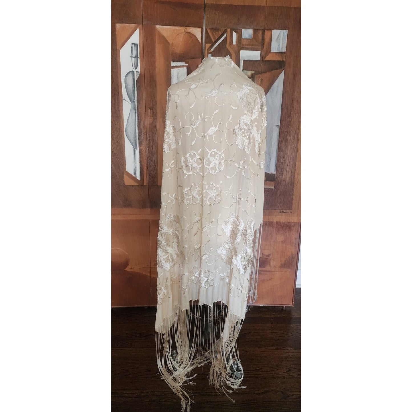 Vintage 1920s Piano Shawl Ivory Silk Embroidered Long Macrame Fringe Manila Evening Wrap