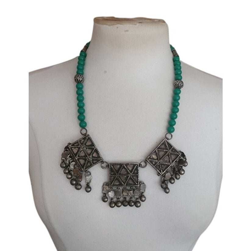 Vintage Tibetan Nepali Bib Necklace Dyed Agate Blue Beads Sterling Silver Clasp
