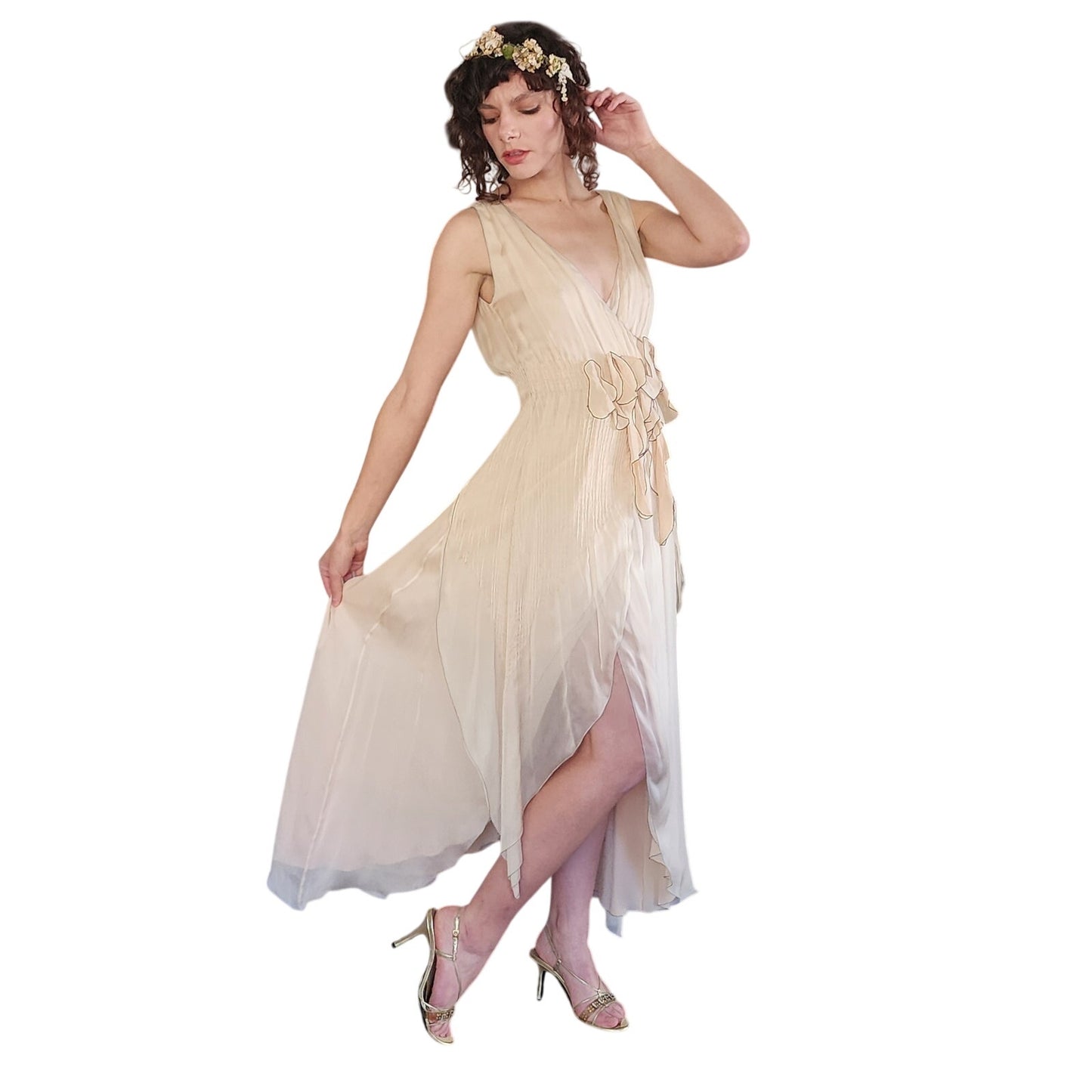 Vintage 2000s FENDI Evening Dress Sleeveless Cream Chiffon NWT