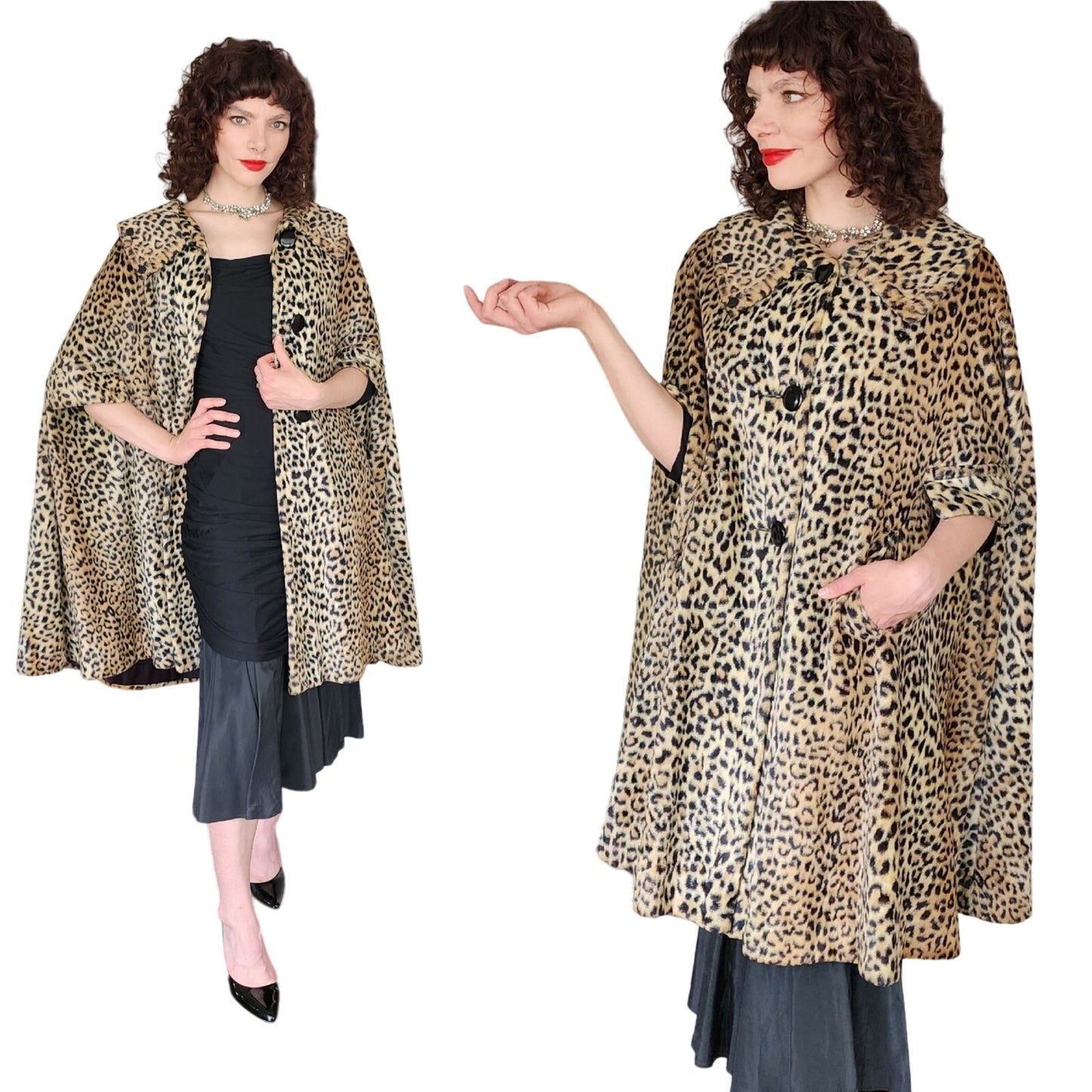 Vintage 60s Animal Print Cape Leopard Faux Fur Cloak Poncho Swing Style Coat