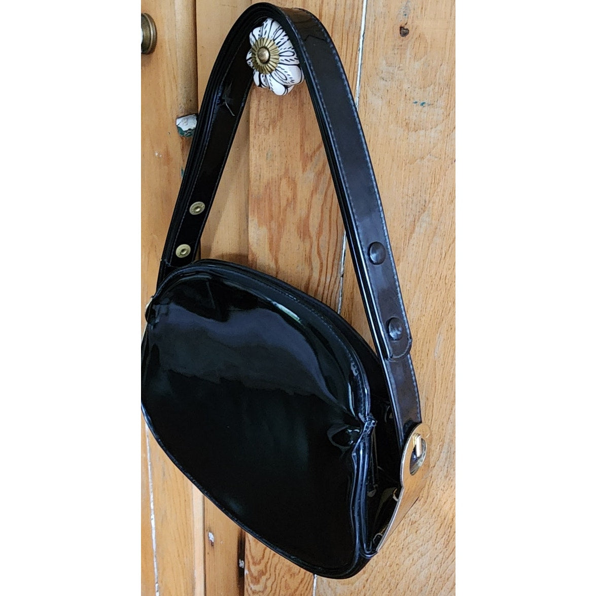 Vintage 60s Mod Black Purse Patent Leather Convertible Shoulder Bag