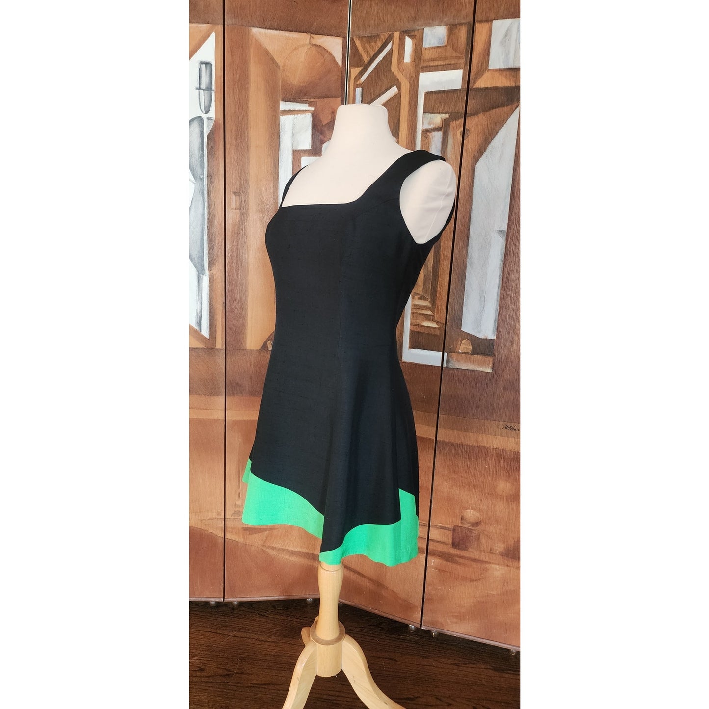 Vintage 90s Designer Summer Dress Raw Silk Black Green Victoria March Chicago