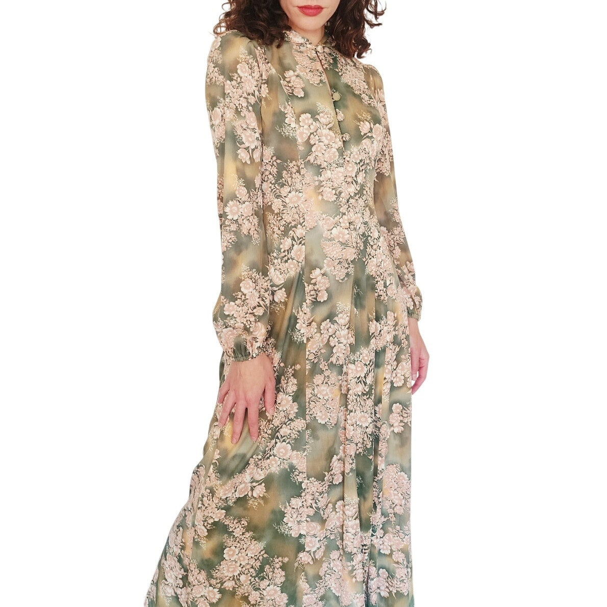 Vintage 1970s Kristie Lou Dress Hooded Floral Maxi Long Sleeve Woodland Fairy