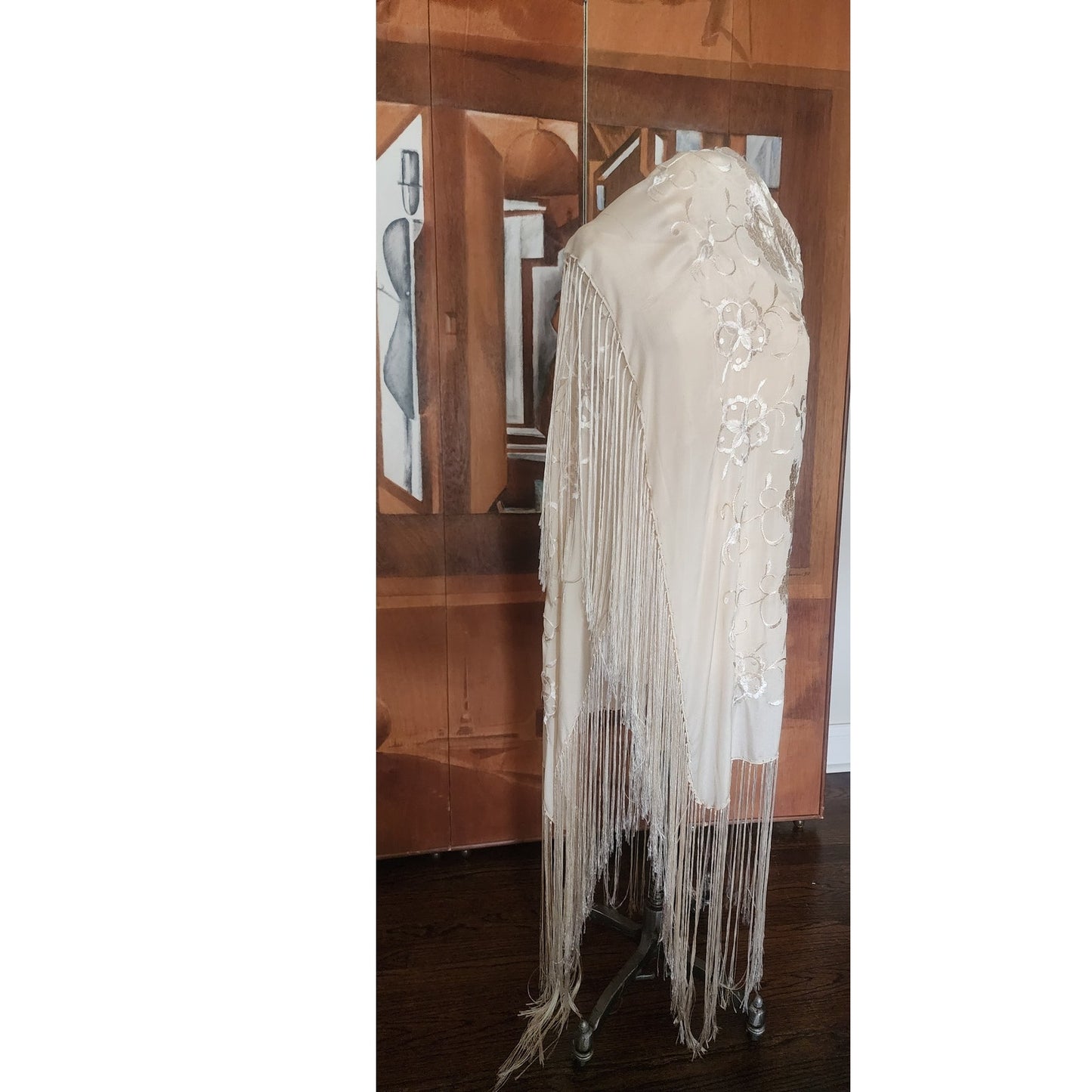 Vintage 1920s Piano Shawl Ivory Silk Embroidered Long Macrame Fringe Manila Evening Wrap