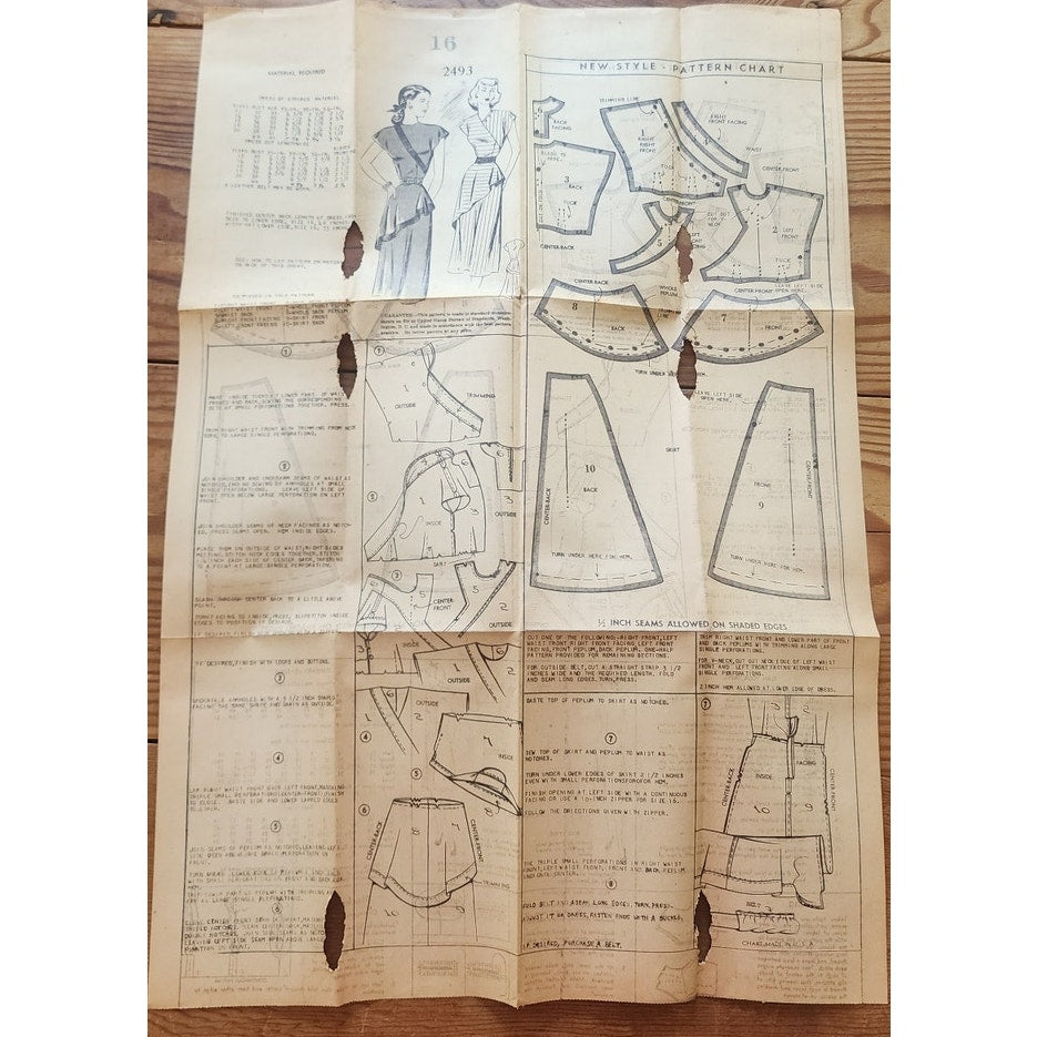 Vintage 40s Dress ORIGINAL Sewing Pattern: Chicago Tribune Marian Martin Mail Order 2493 Asymmetric Draped Frock