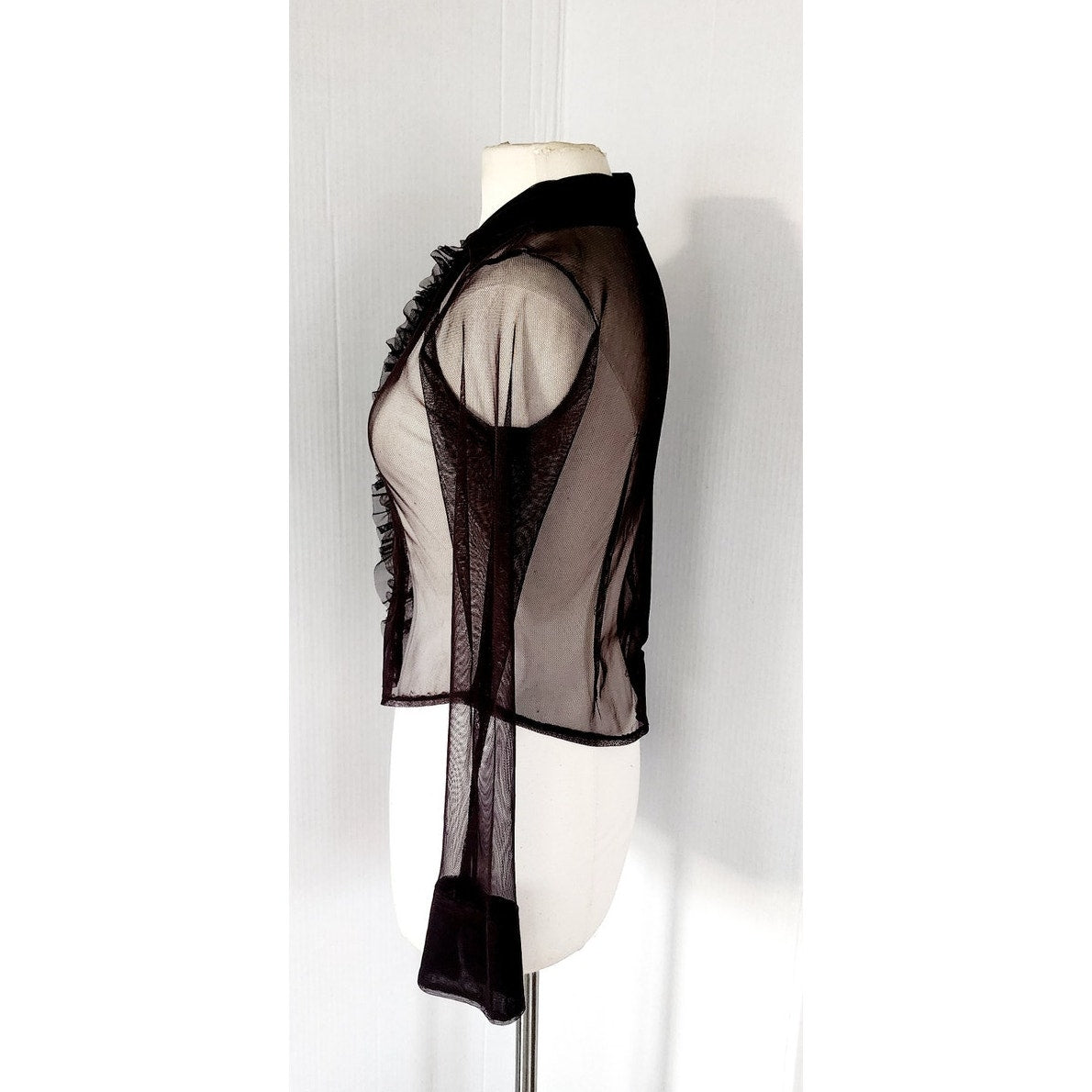 Vintage 90s Sheer Blouse Brown Mesh Ruffled Front