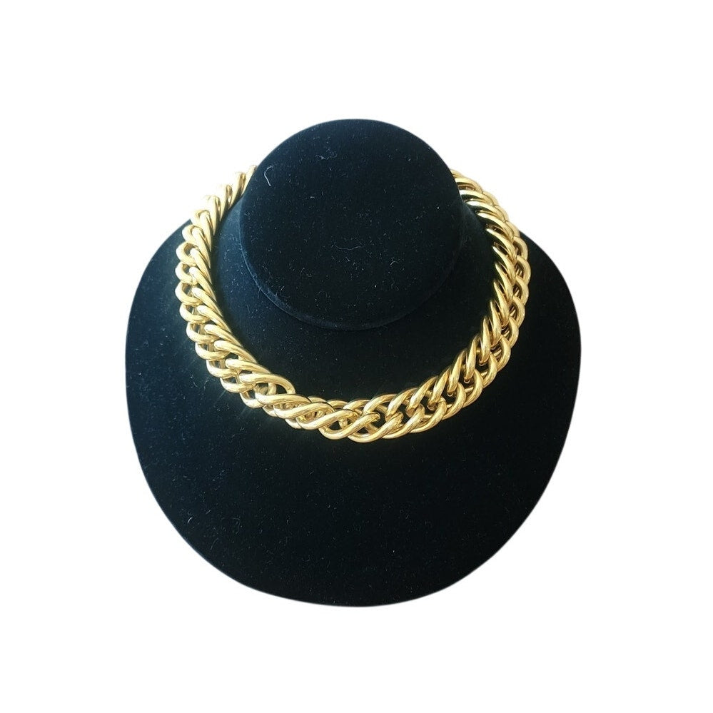 Vintage 80s Anne Klein Chunky Cuban Chain Link Choker Necklace Gold Tone