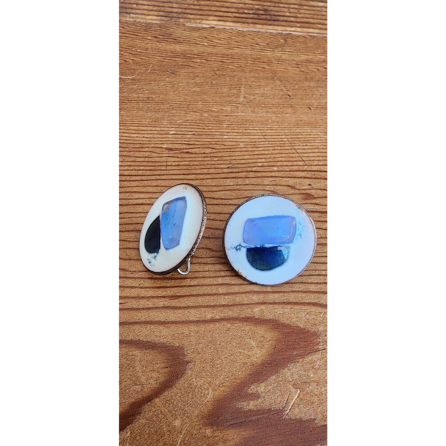 Vintage 60s Enamel Earrings Clips Blue Glass Scandinavian MCM K Denning