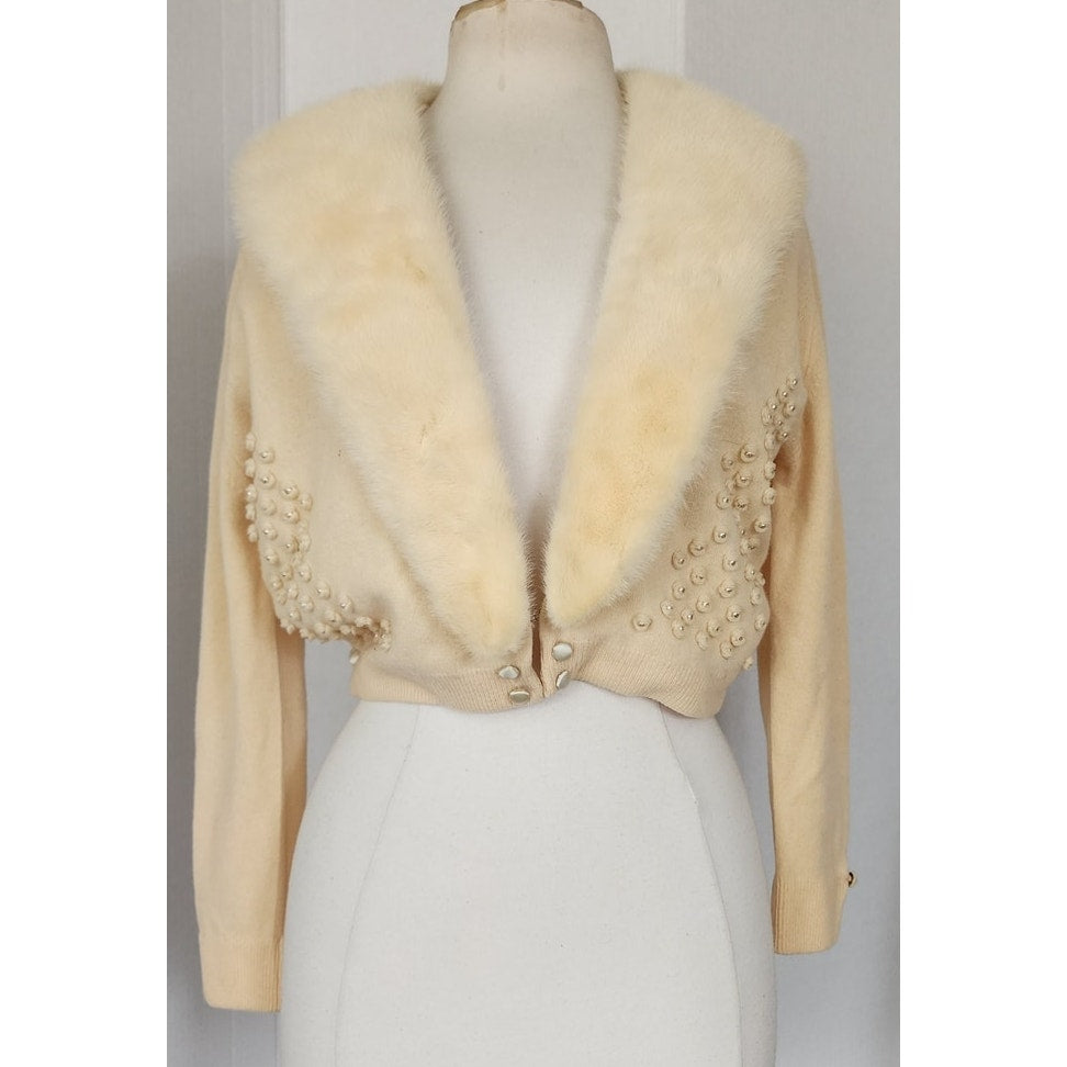 Vintage 50s Cardigan Cream Cashmere Sweater w/Blonde Mink