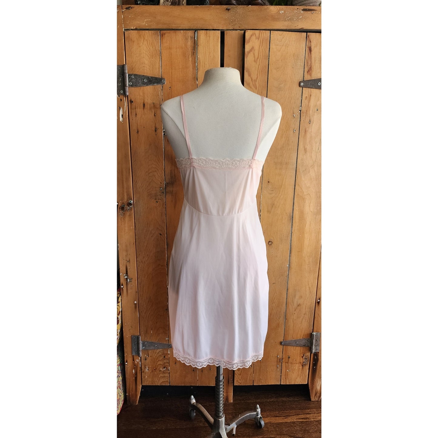 60s Pink Nylon Slip Dress w/Lace Knee Length Medium