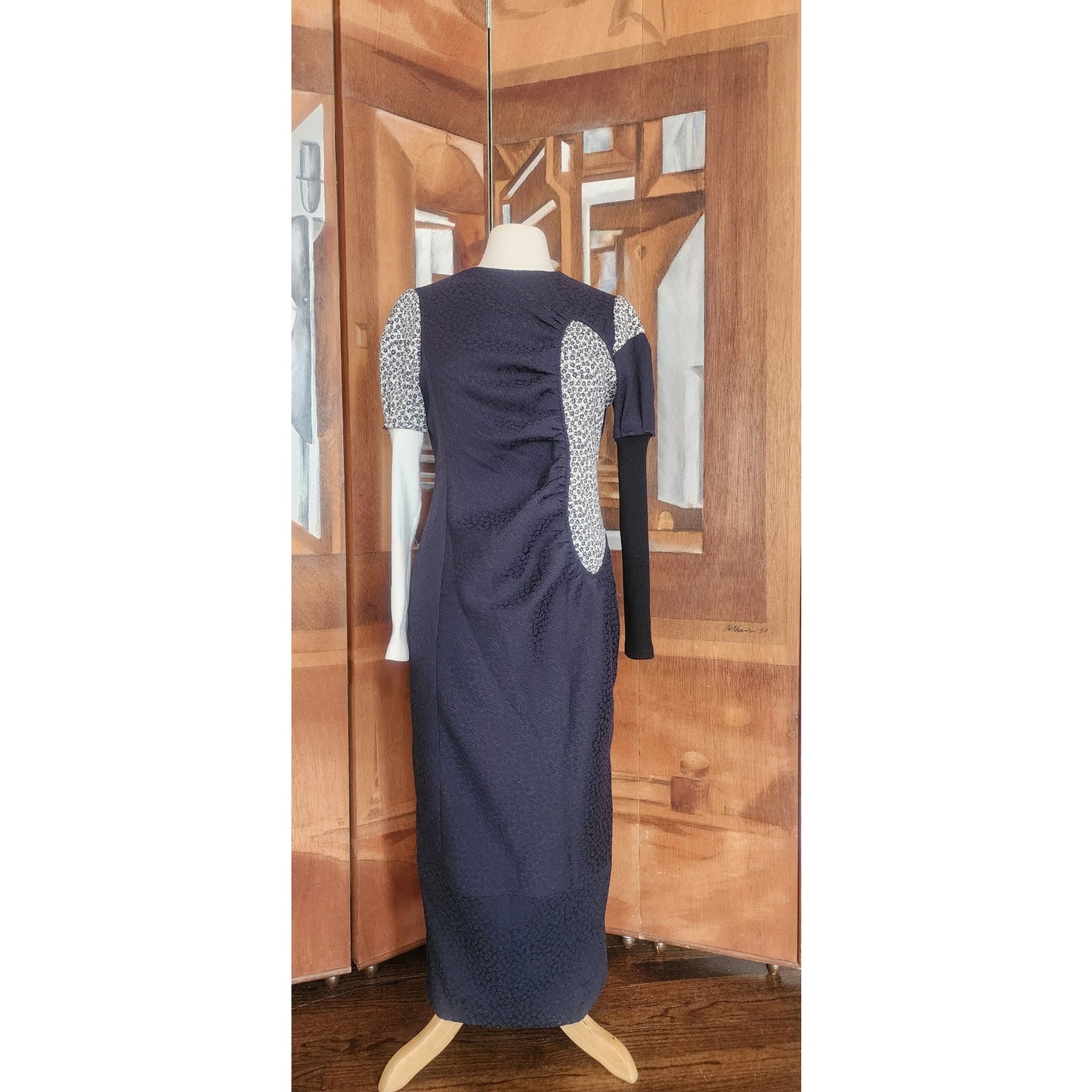 WNDERKAMMER Dress Blue Floral Jacquard Asymmetric Colorblock Sheath Avant Garde