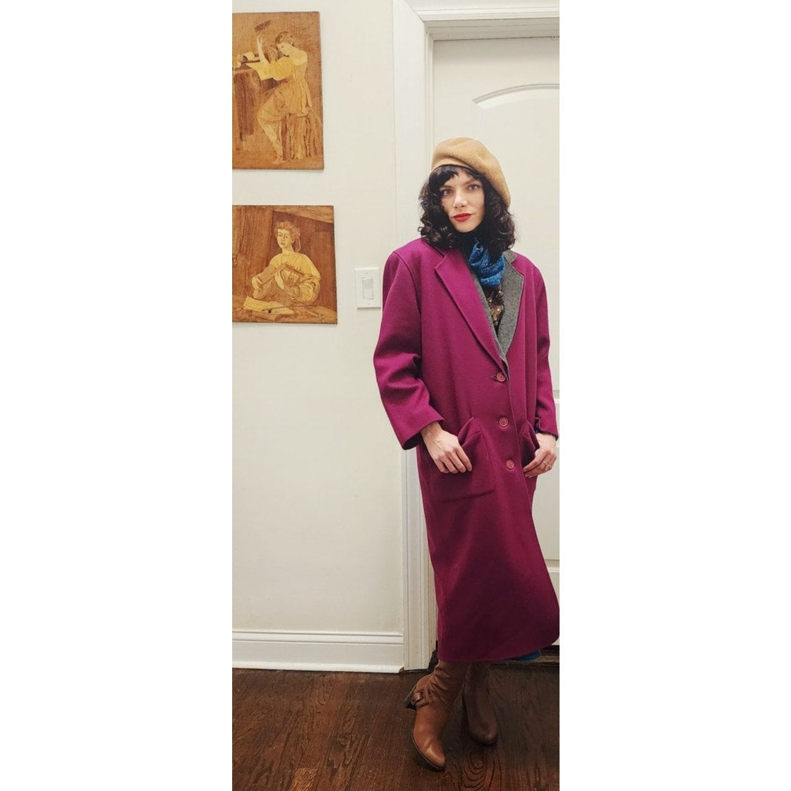 Vintage 1980s Purple Wool Coat Perry Ellis Portfolio w/Removable Gray Liner Vest Duster