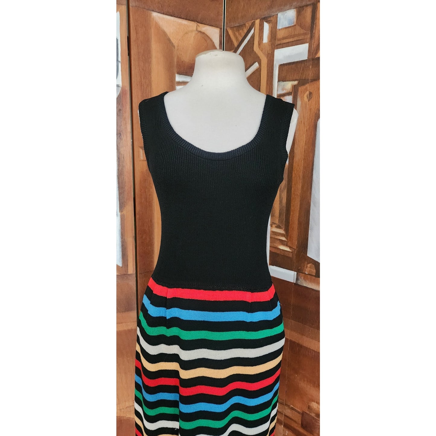 Vintage 70s St John Knit Dress + Bolero Jacket Set Black w/Rainbow Stripe