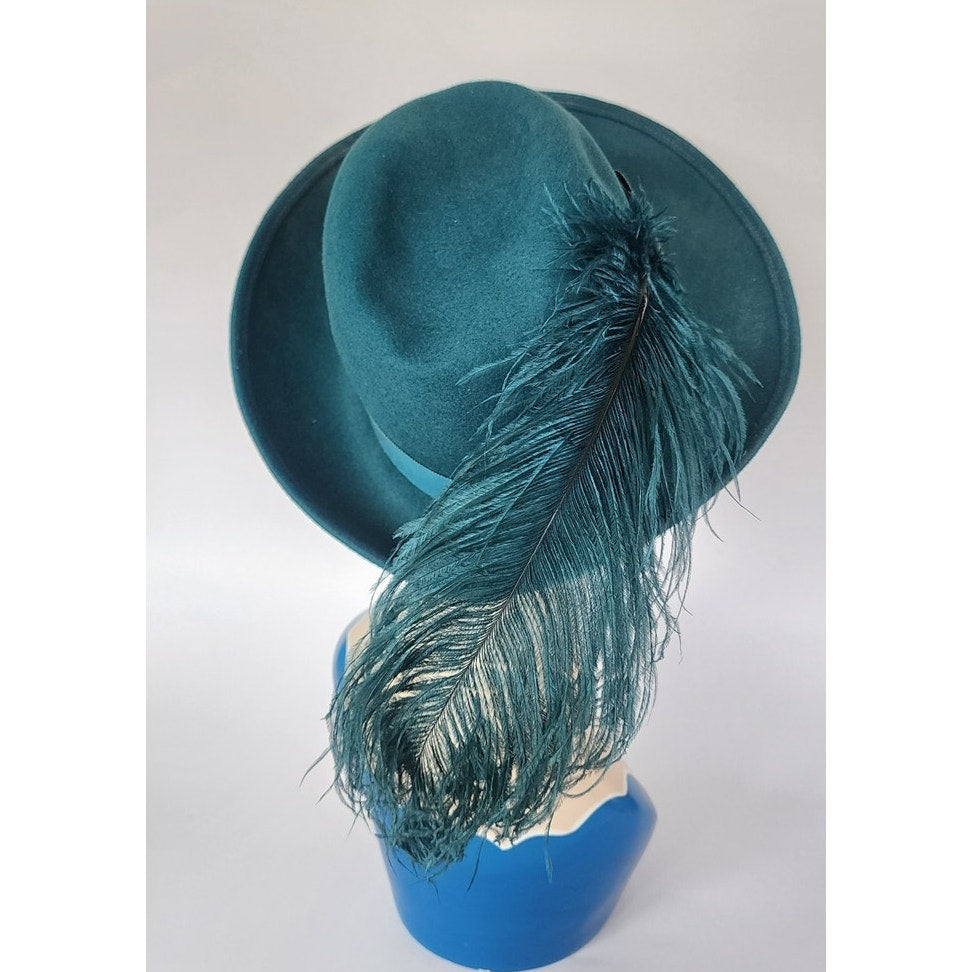 Vintage 1970s Teal Blue Wool Hat w/Large Feather by Gotham NWT