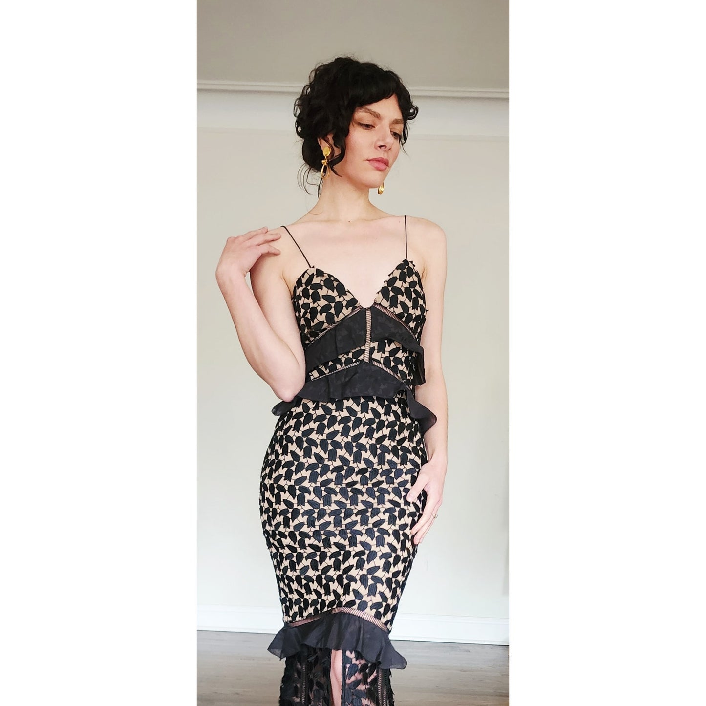 SELF PORTRAIT Evening Dress Aaliyah Organza Ruffled Black Guipure Lace Gown Spaghetti Straps