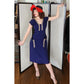 Vintage 40s Navy Blue Dress Beaded Rayon