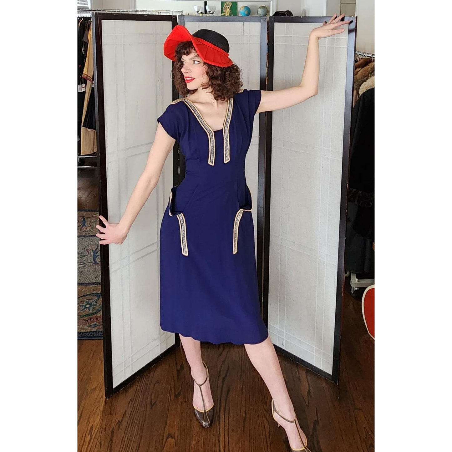 Vintage 40s Navy Blue Dress Beaded Rayon