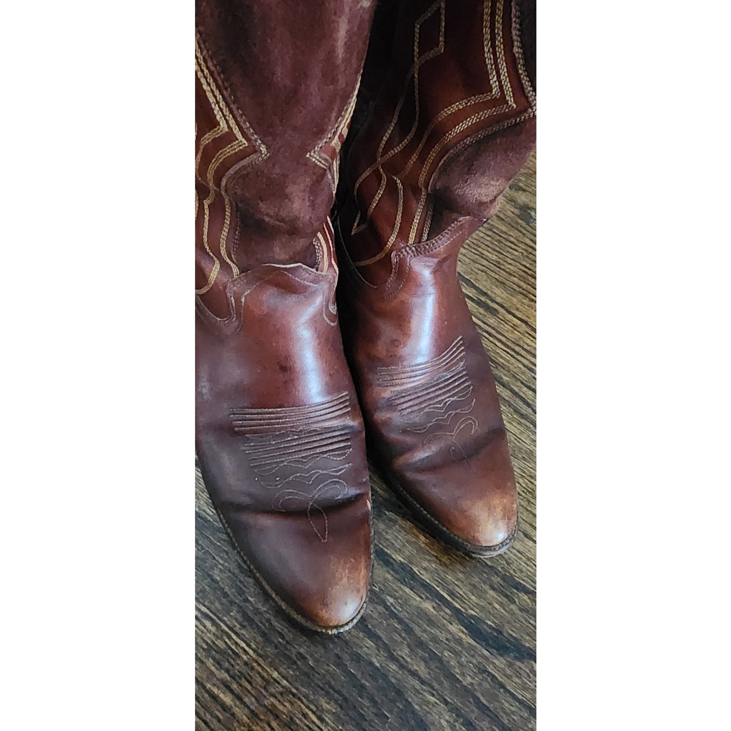 Vintage Dan Post Women's Cowboy Boots Embroidered Brown Leather & Suede Size 7 1/2