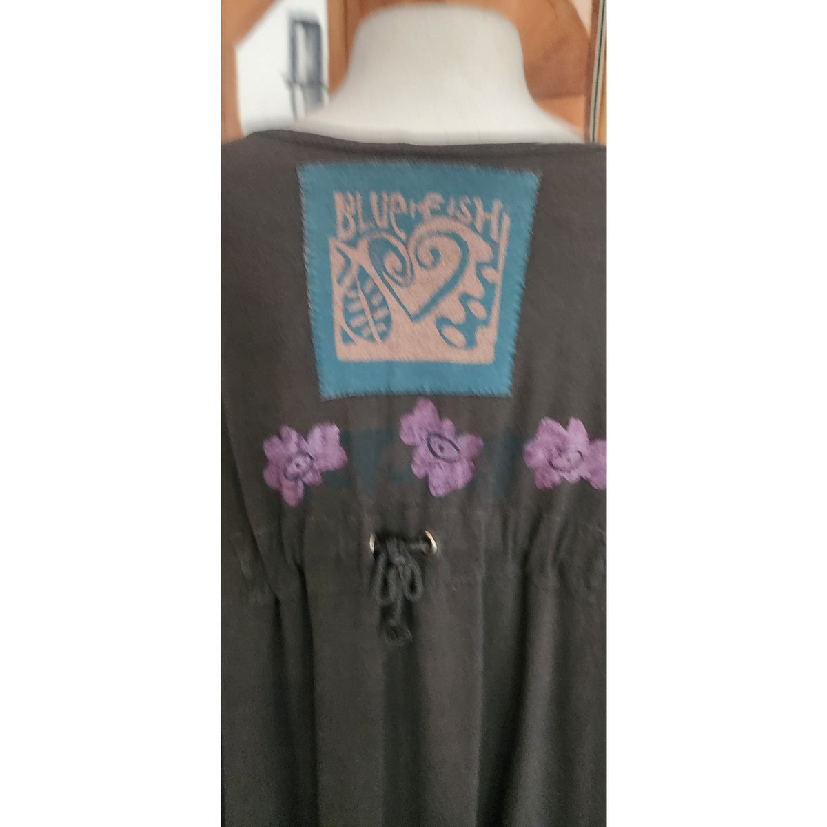 Vintage 1990s Blue Fish Top Cardigan 1999 Earth Garden Gray Linen Patchwork Hand Painted V Neck
