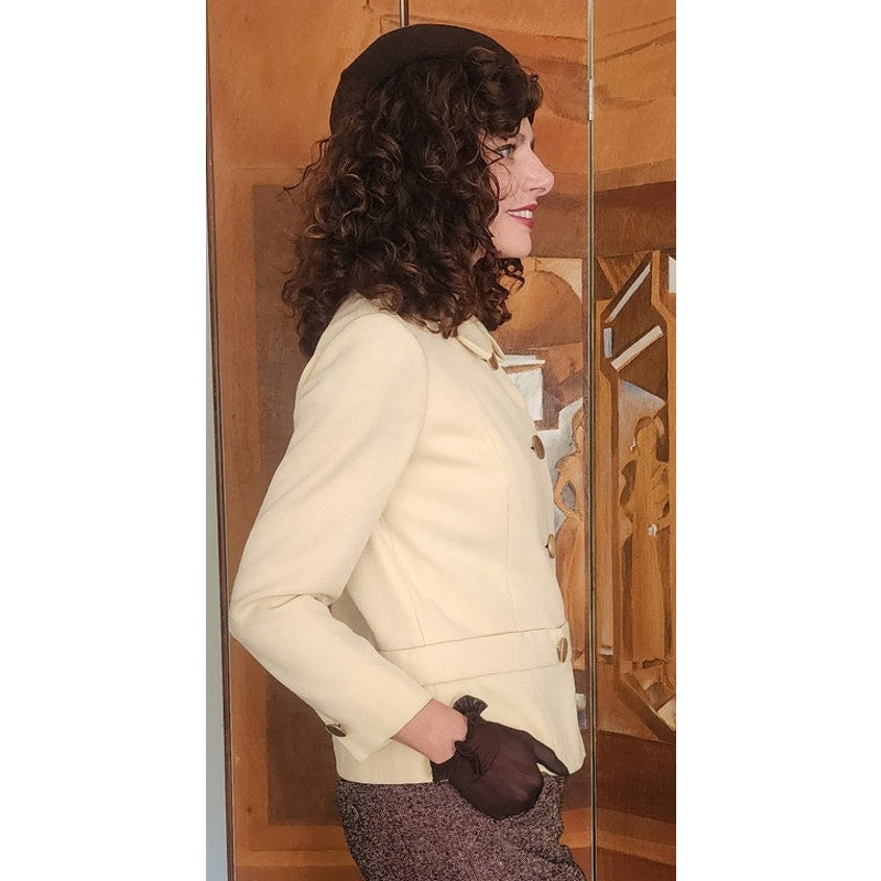 Vintage 1960s Mod Jacket Marshall Field Cream Wool Peplum Blazer Gold Buttons