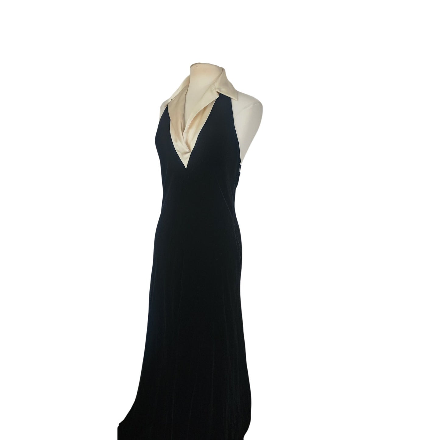 Vintage 1990s Ralph Lauren Evening Dress Black Velvet Halter Top Cream Silk Collar