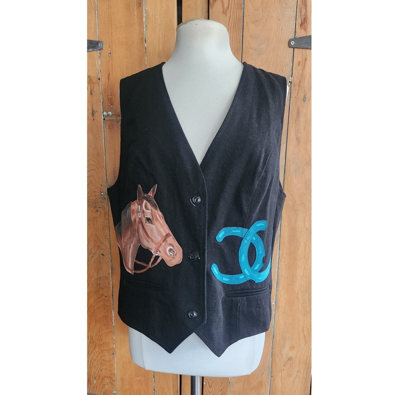 Vintage Womens Vest "Hooked On Country" Cowboy Boots Horses Equestrian Applique / Large