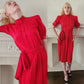 Vintage 80s Red Silk Dress Short Sleeves Belted
