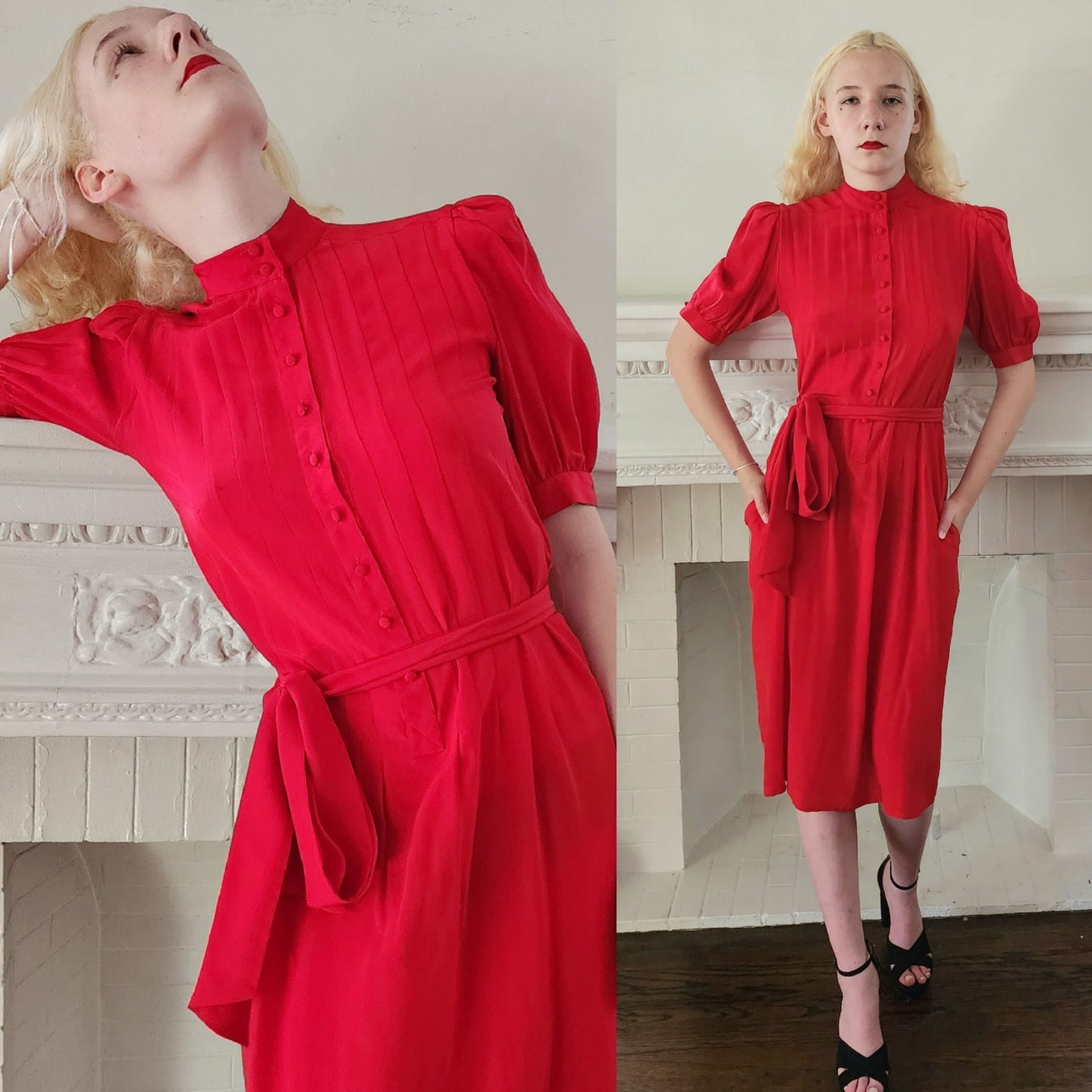 Vintage 80s Red Silk Dress Short Sleeves Belted