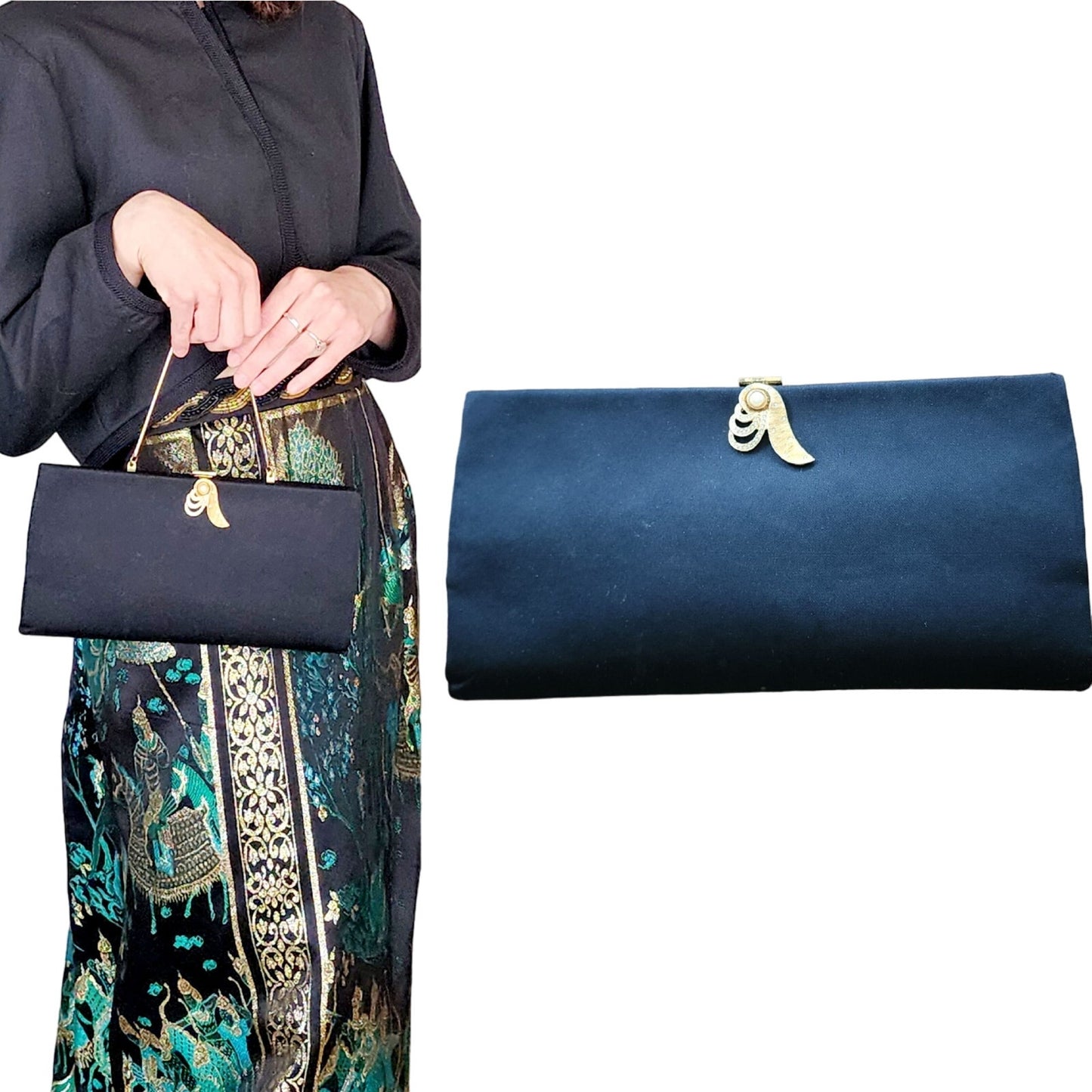 Vintage 50s Evening Bag Black Silk Clutch w/Gold Rhinestone Clasp