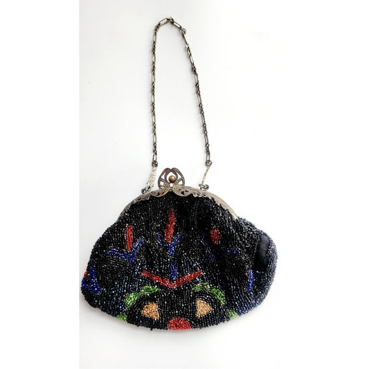 Antique Black Beaded Bag Colorful Flowers Ornate Metal Clasp AS IS