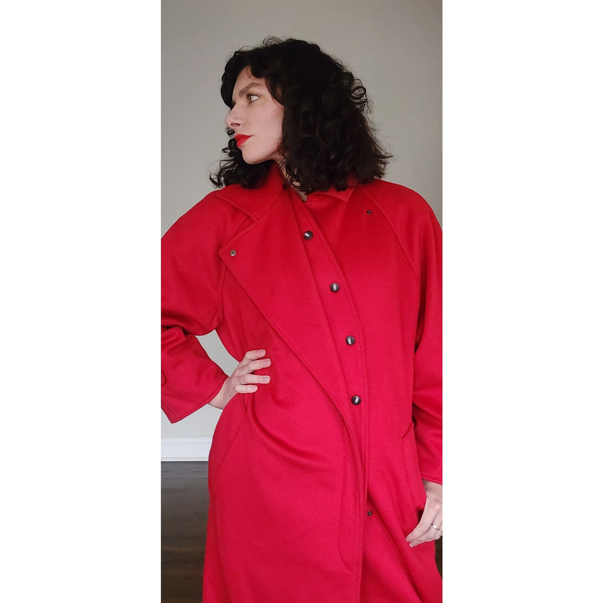 Vintage 80s Red Wool Coat Long w/Belt Ramosport Paris