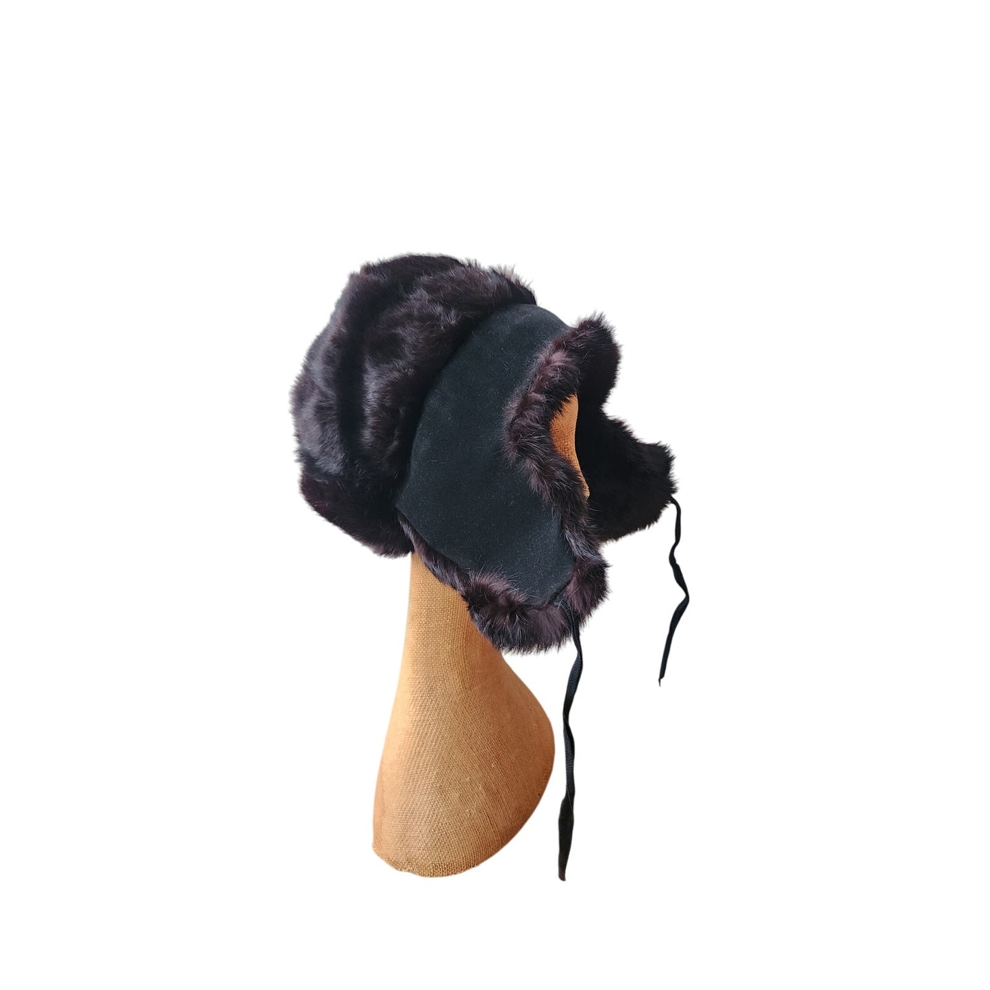 Vintage Black Fur Trapper Hat North King Ushanka Rabbit + Suede Ear Flaps Unisex