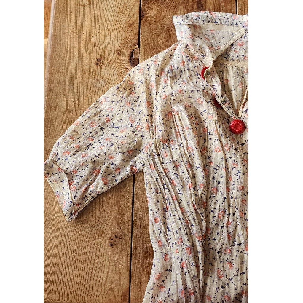Vintage 30s Silk Day Dress Short Sleeves Speckled Floral Print Large Red Buttons