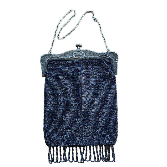 Antique 1910s Beaded Evening Bag Blue Glass Looped Fringe