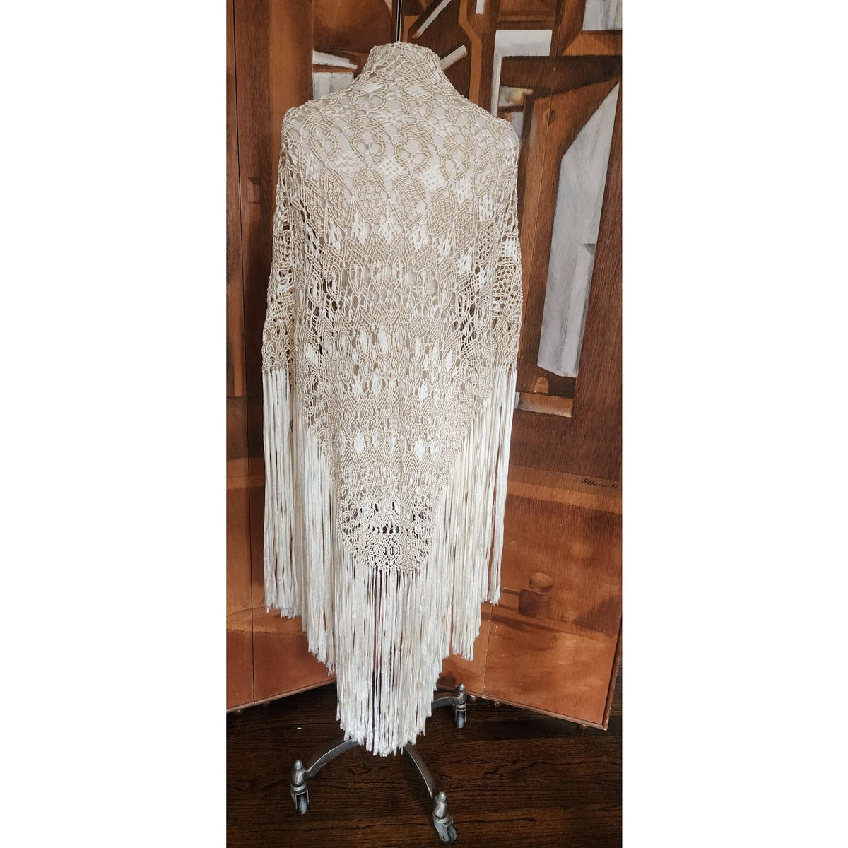 Vintage Cream Crochet Lace Piano Shawl Oversized Macrame Silk Ribbon Wrap Fringed