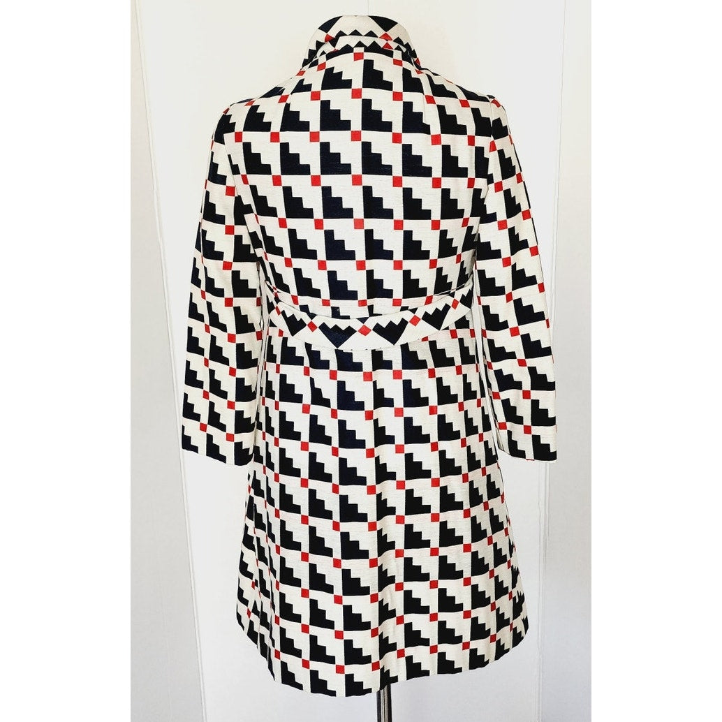 Vintage 60s Mod Dress Suit / Coat Set Geometric Print Navy Blue Red White