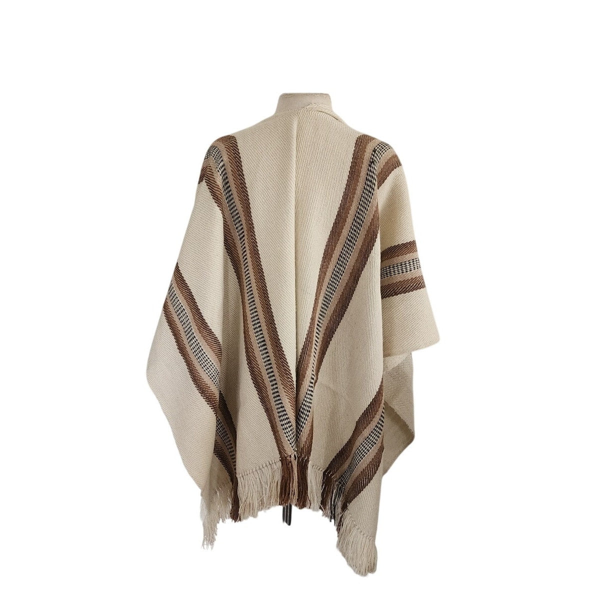 Vintage Poncho Fringed Alpaca Wool Ruana Cream w/Brown Stripe Southwestern Style