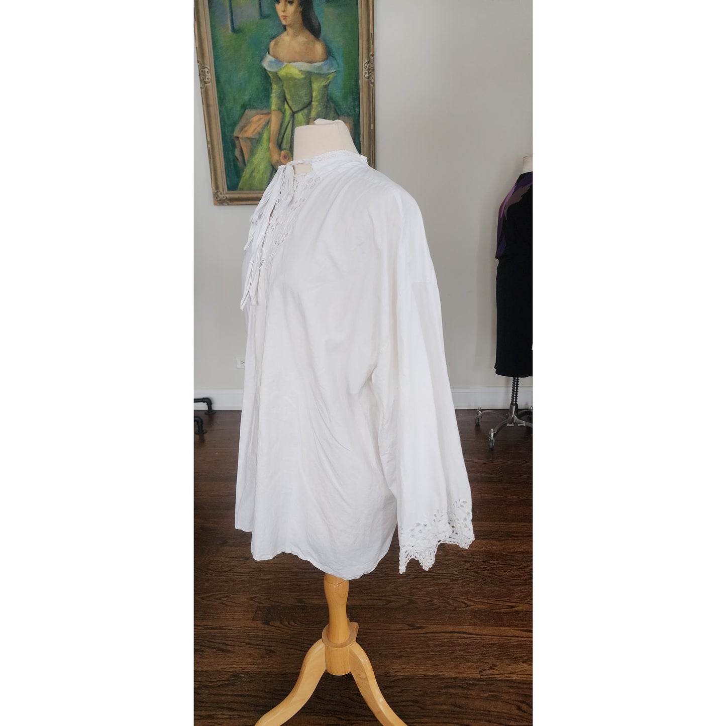 Antique Edwardian Poet's Blouse White Cotton Tunic Shirt w/ Embroidered Crochet Lace Sash Tie