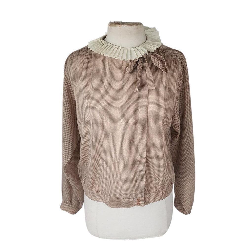 Vintage 80s Beige Blouse Microgrid Print Pleated Ruffled Collar  Pierre Cardin