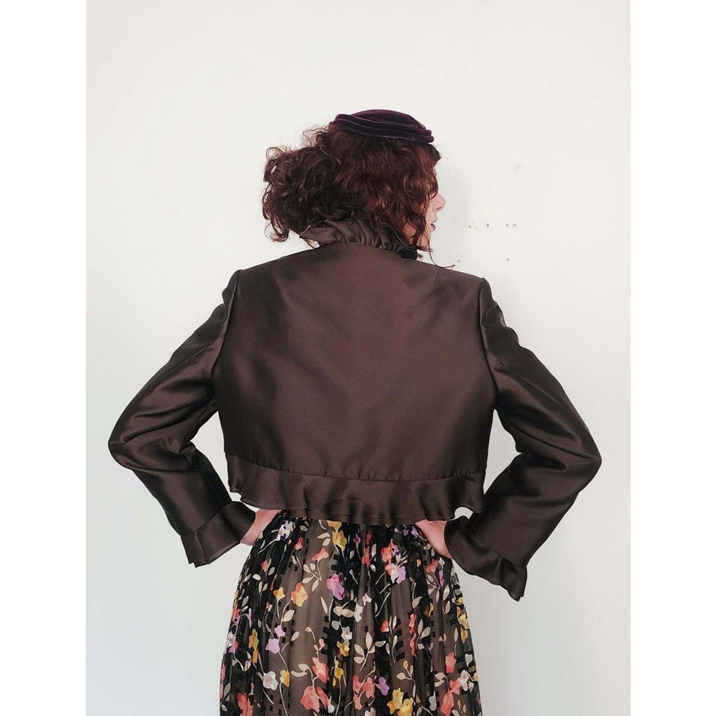 Vintage Brown Jacket Ruffled Trim Wool Silk Evening Dressy Blazer Frascara M