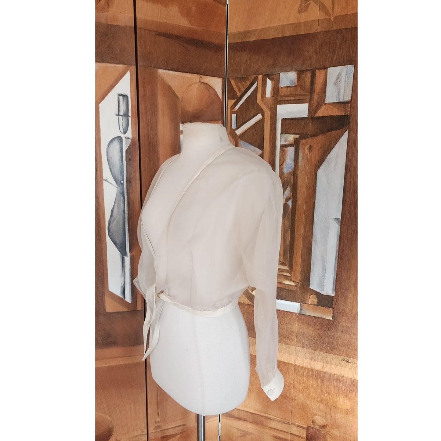 Vintage 90s White Sheer Organza Silk Blouse Tie Front Summer Jacket Victoria March Chicago