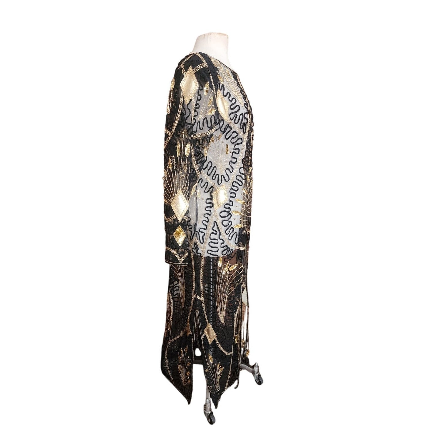 Vintage 80s Tan Chho Duster Sheer Coat Beaded Sequined Embroidered Evening Jacket Black Gold